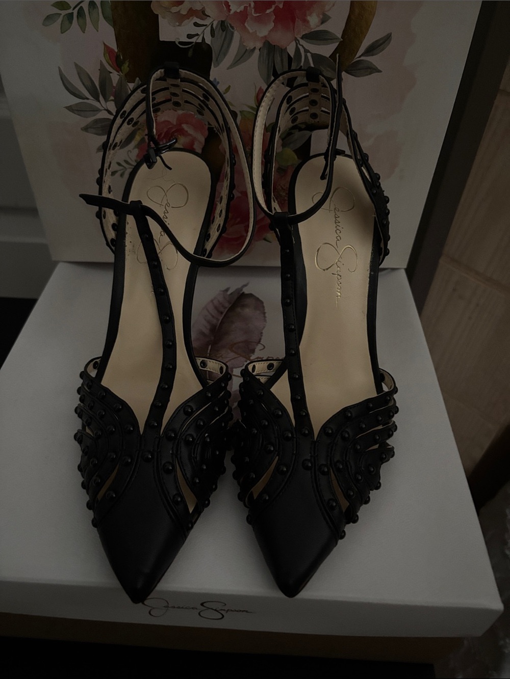 Jessica Simpson Black Studded Pointed Slingback Heels